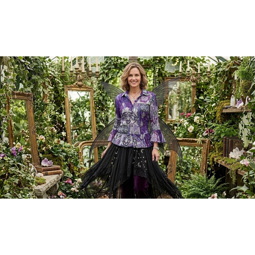 Womens Top Sz M Semi-Sheer Metallic Whimsygoth Fairy Purple Bell Sleeve Floral